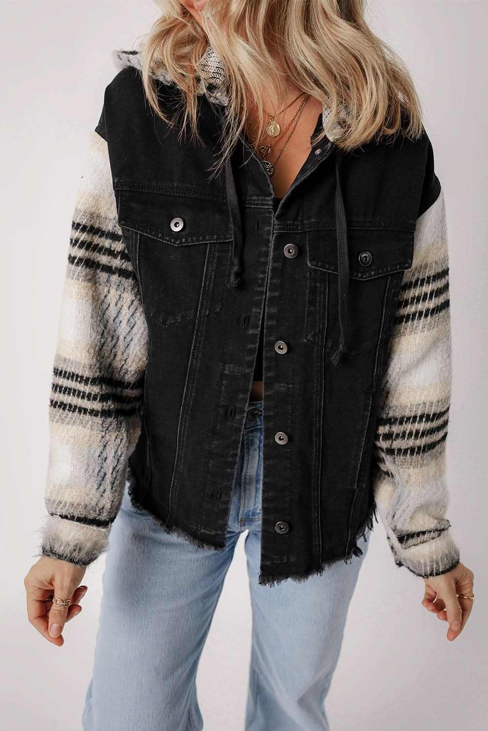 Black Plaid Sleeve Frayed Hem Hooded Denim Jacket - Love Salve